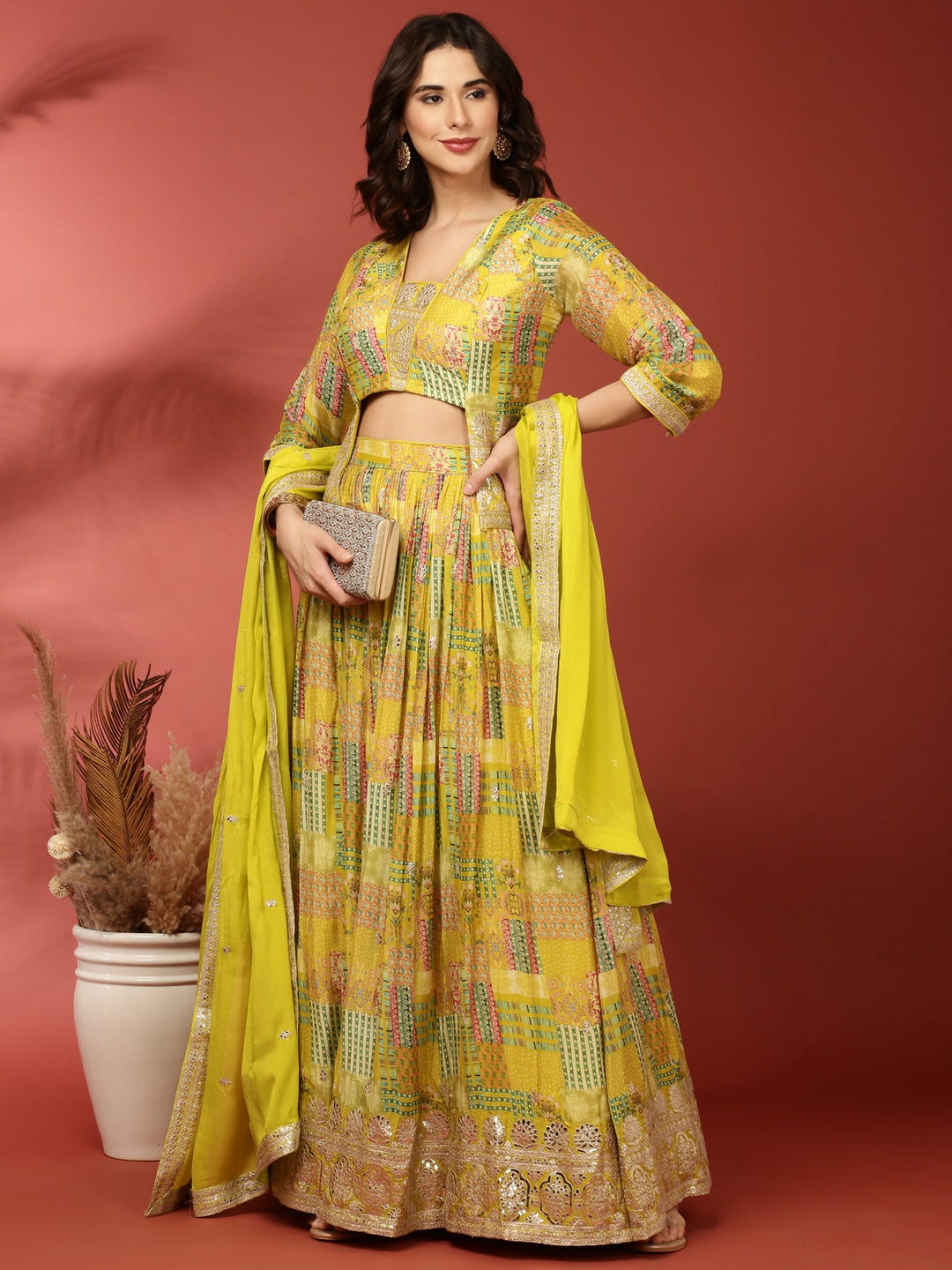 Neerus Green crepe printed lehenga set - front view