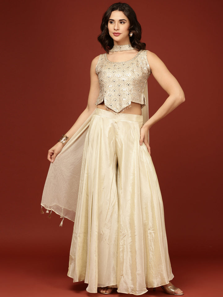 Neerus Beige tissue crop top palazzo suit set - side view