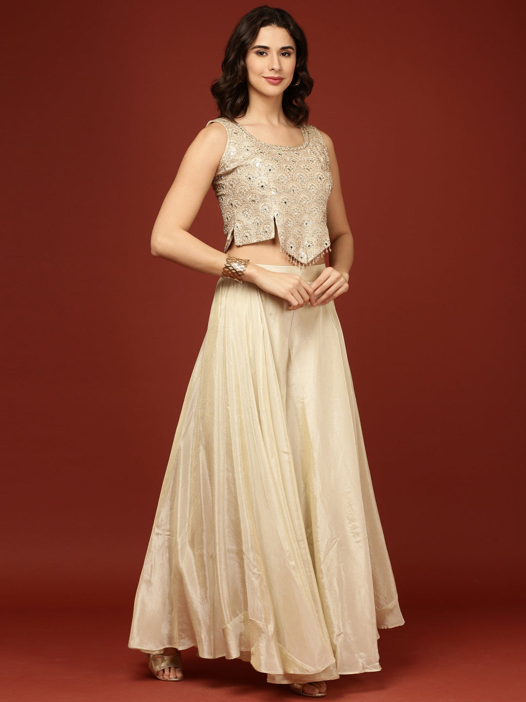 Neerus Beige tissue crop top palazzo suit set - front view