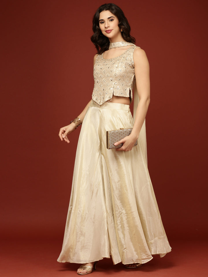 Neerus Beige tissue crop top palazzo suit set - detail view 3