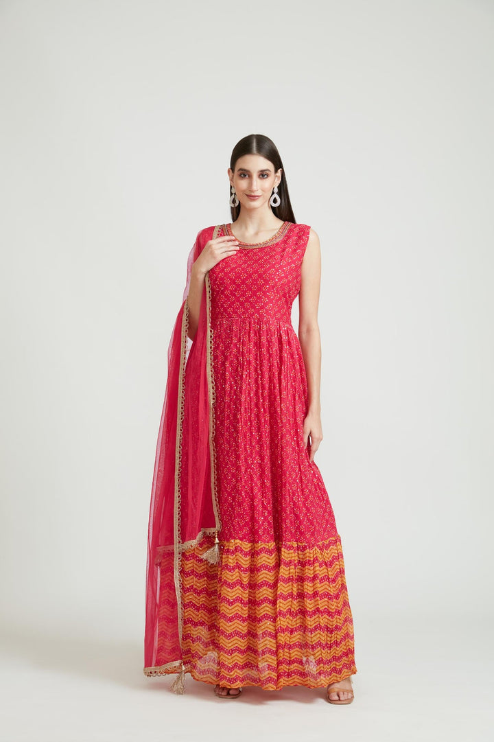 Neerus Pink georgette embroidered anarkali suit set - front view
