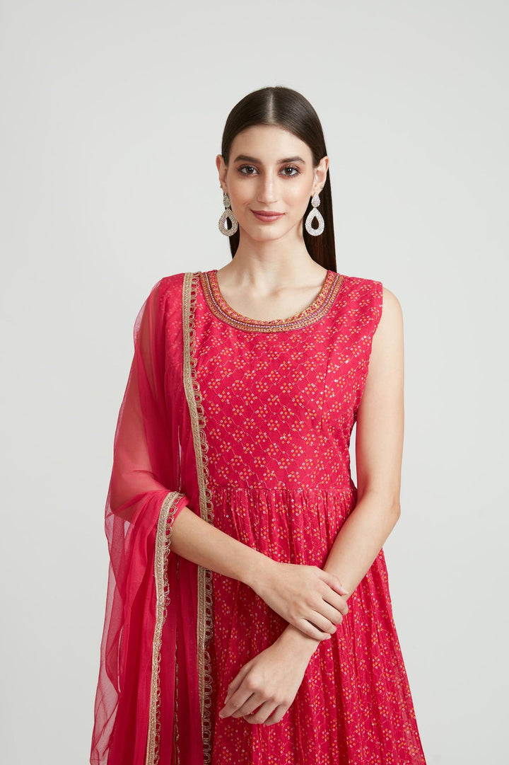 Neerus Pink georgette embroidered anarkali suit set - detail view 1