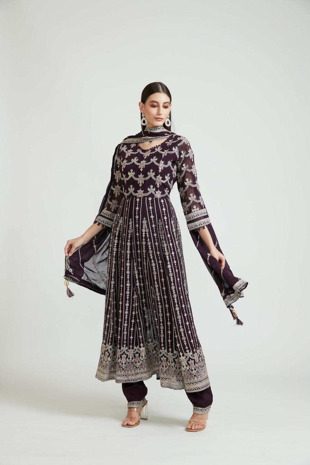 Neerus Maroon georgette ethnic kurta set - back view