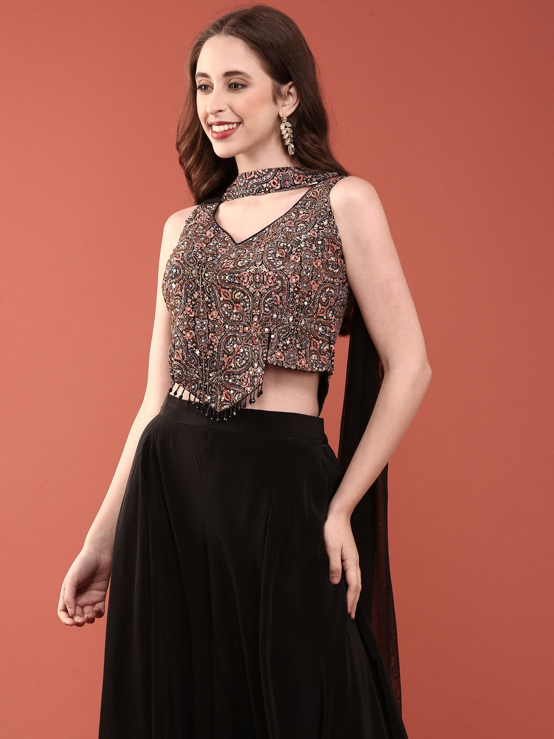 Neerus Black silk embroidered crop top with palazzo co-ord set - detail view 3