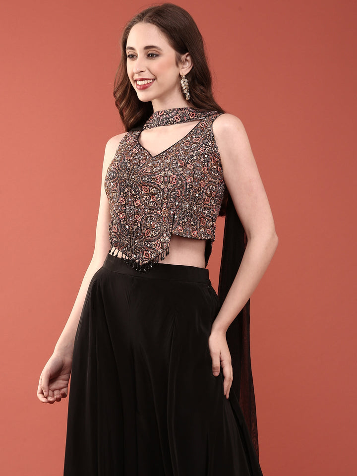 Neerus Black silk embroidered crop top with palazzo co-ord set - detail view 3