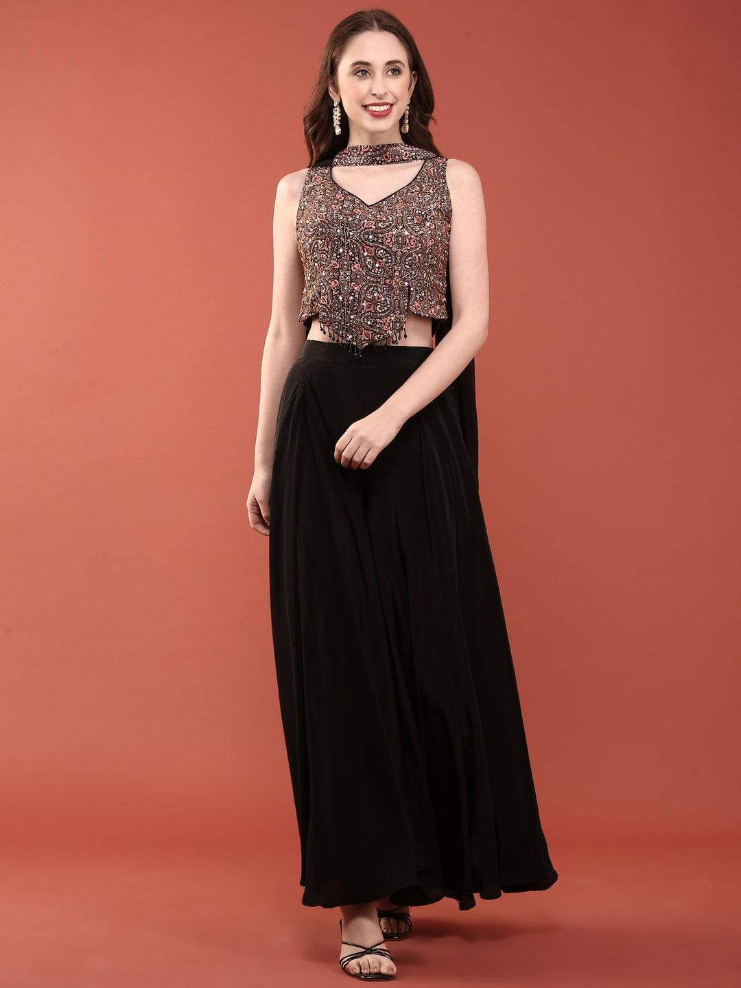 Neerus Black silk embroidered crop top with palazzo co-ord set - detail view 2