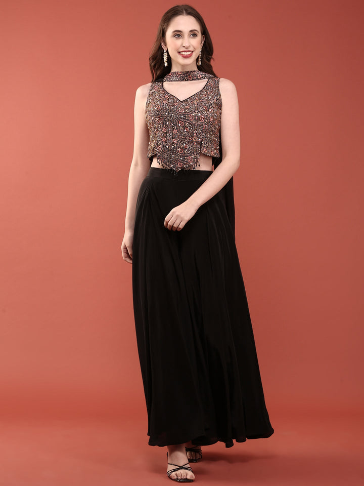 Neerus Black silk embroidered crop top with palazzo co-ord set - detail view 2