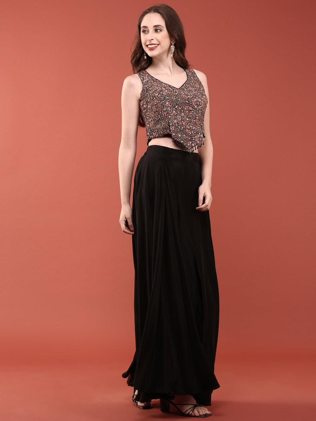 Neerus Black silk embroidered crop top with palazzo co-ord set - back view
