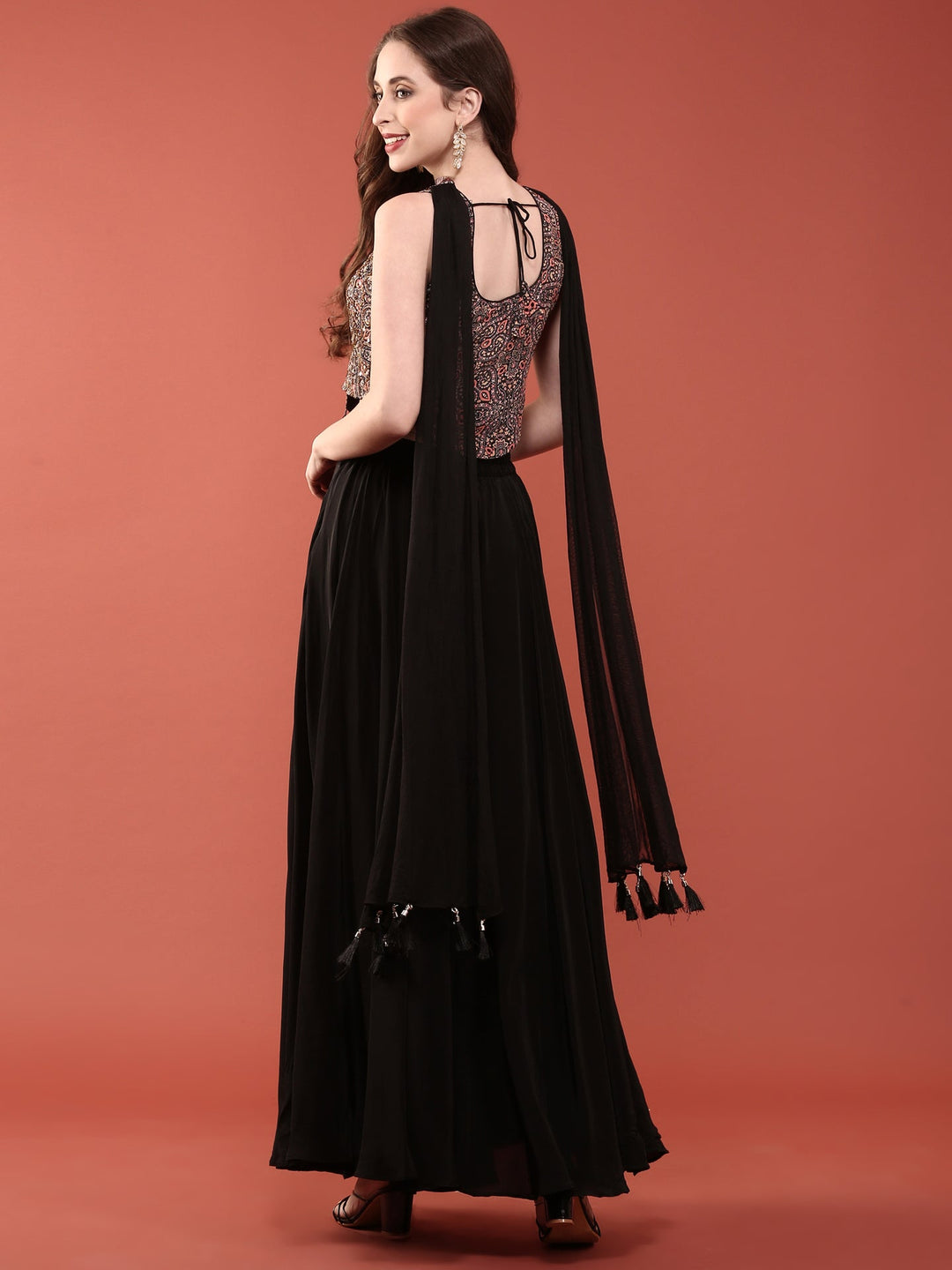 Neerus Black silk embroidered crop top with palazzo co-ord set - side view
