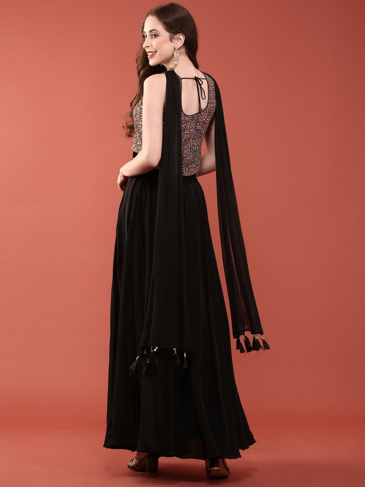 Neerus Black silk embroidered crop top with palazzo co-ord set - side view