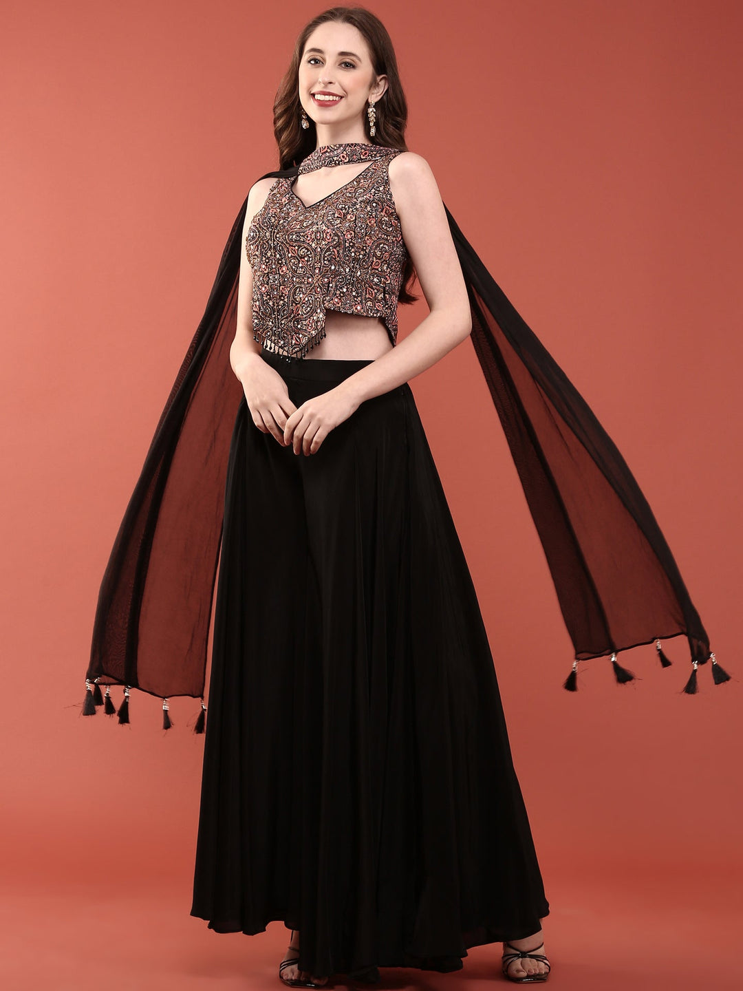 Neerus Black silk embroidered crop top with palazzo co-ord set - front view
