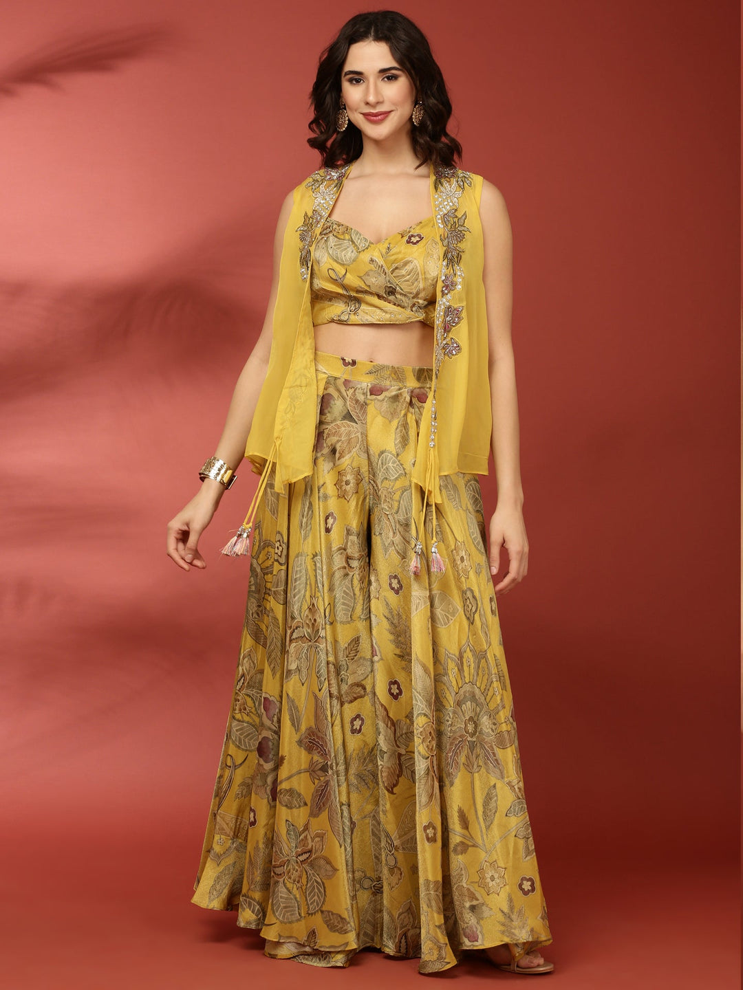 Neerus Green organza crop top palazzo co-ord set - front view