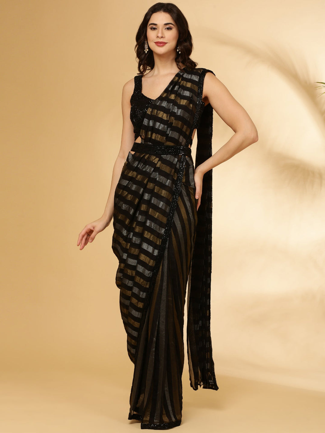 Neerus Black tissue embellished saree with belt - detail view 1