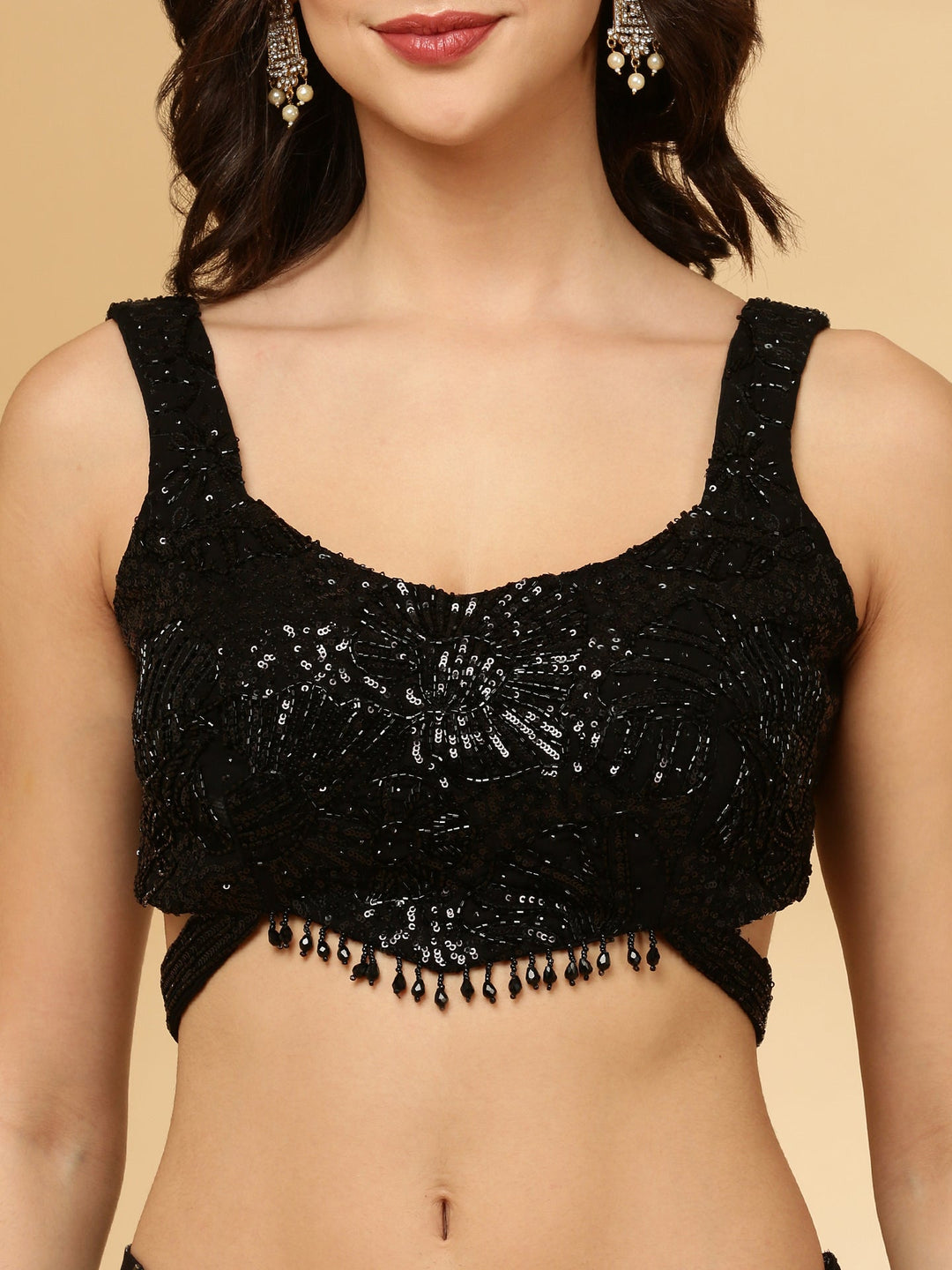 Neerus Black tissue embellished saree with belt - detail view 3