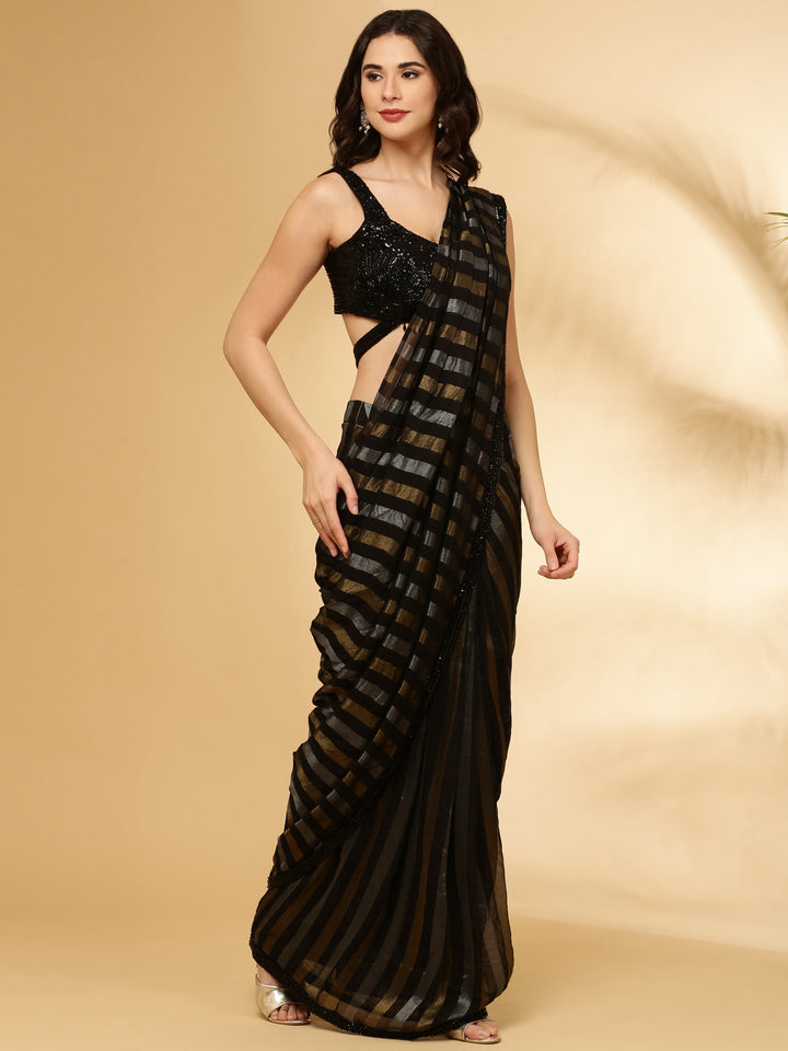 Neerus Black tissue embellished saree with belt - front view