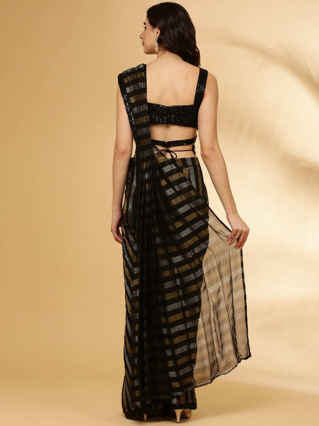 Neerus Black tissue embellished saree with belt - side view