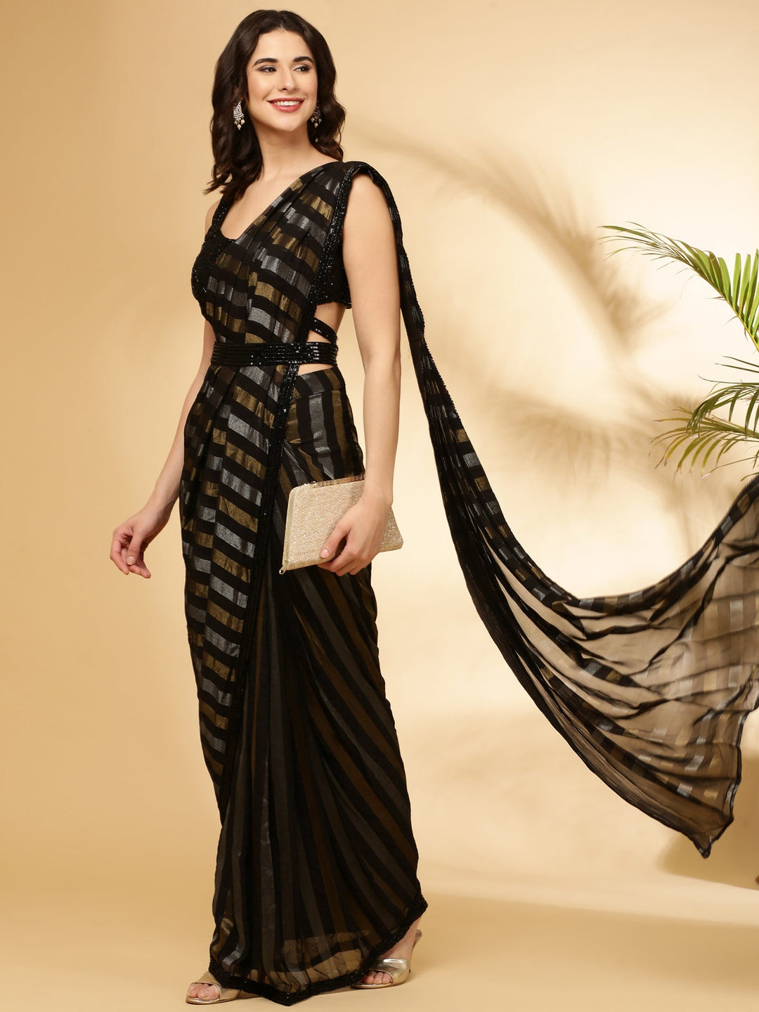 Neerus Black tissue embellished saree with belt - detail view 2