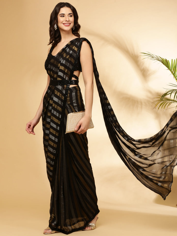 Neerus Black tissue embellished saree with belt - detail view 2