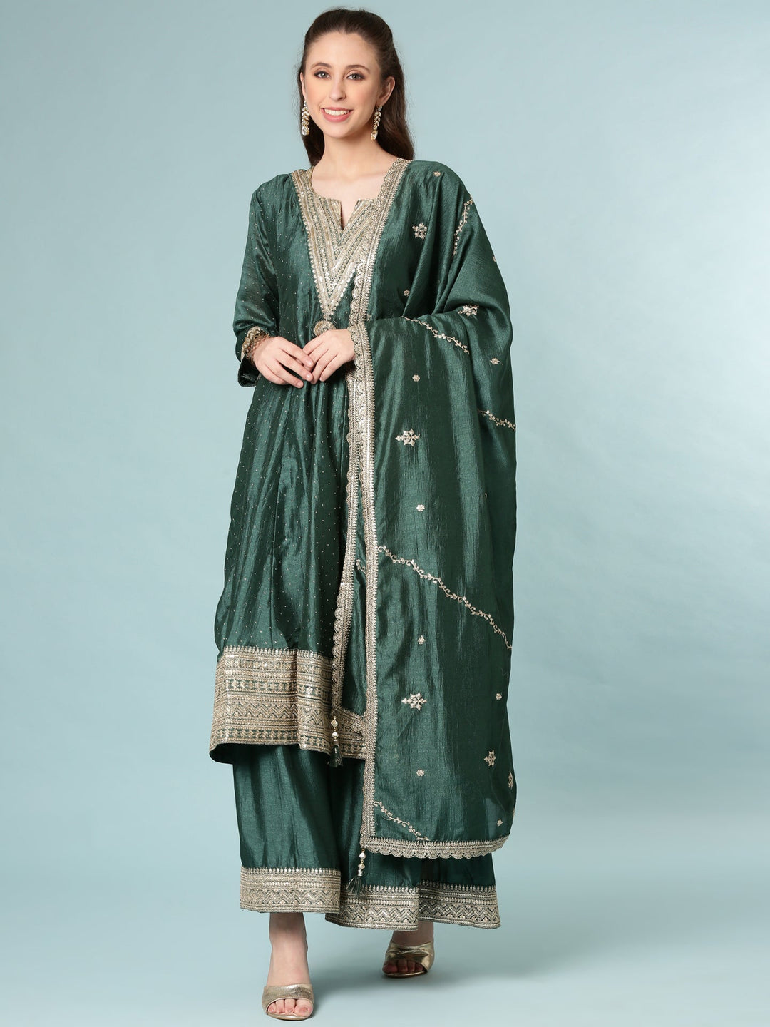 Neerus Green silk Anarkali suit set - front view