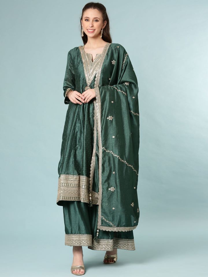 Neerus Green silk Anarkali suit set - front view