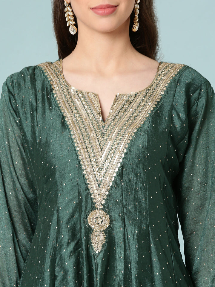 Neerus Green silk Anarkali suit set - detail view 1