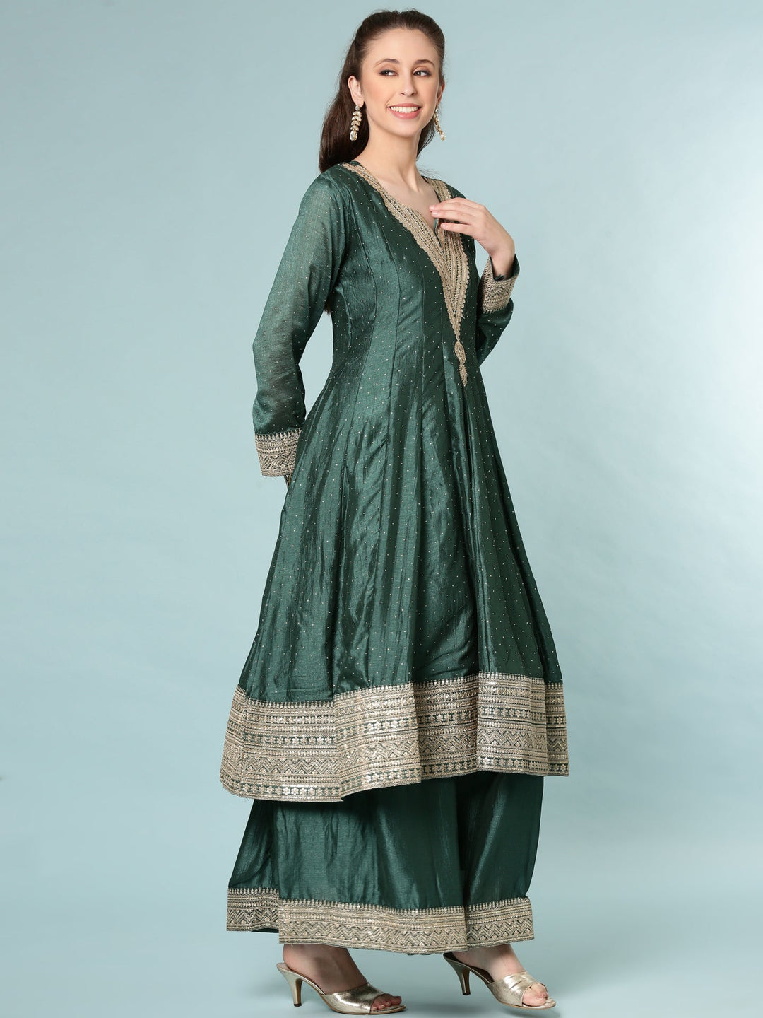 Neerus Green silk Anarkali suit set - back view
