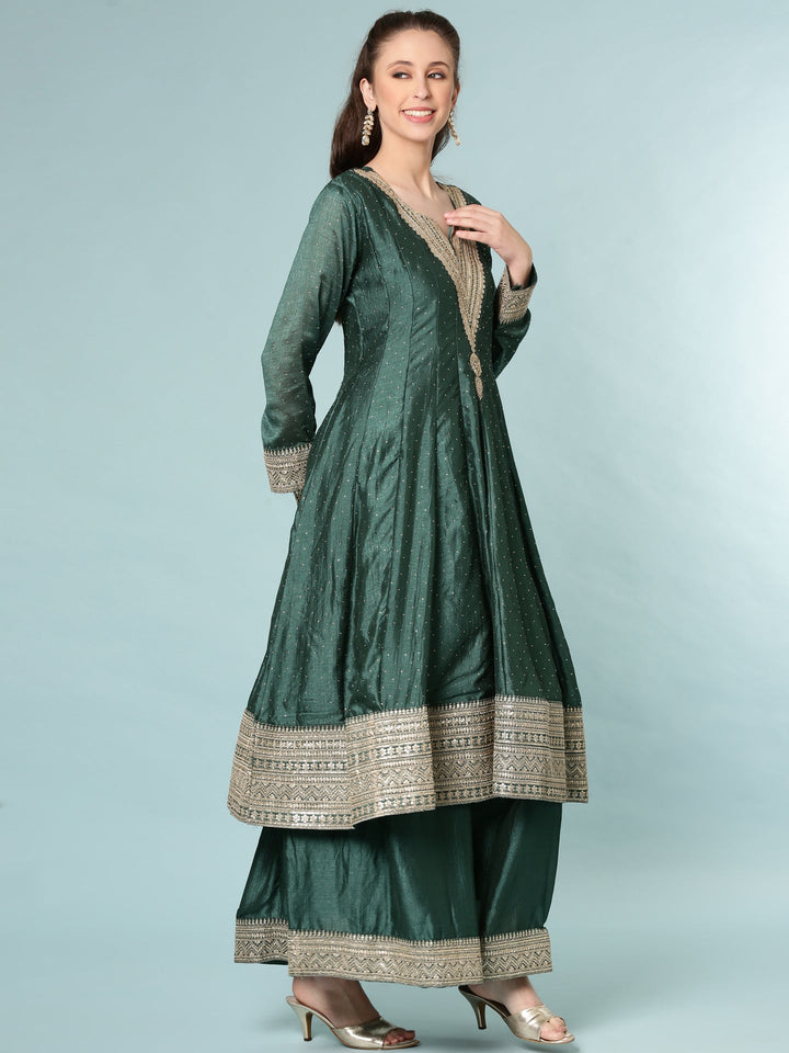 Neerus Green silk Anarkali suit set - back view