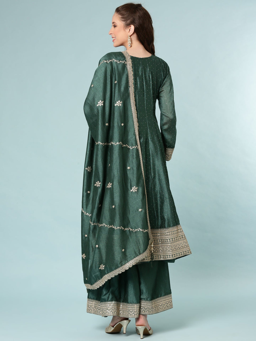 Neerus Green silk Anarkali suit set - side view