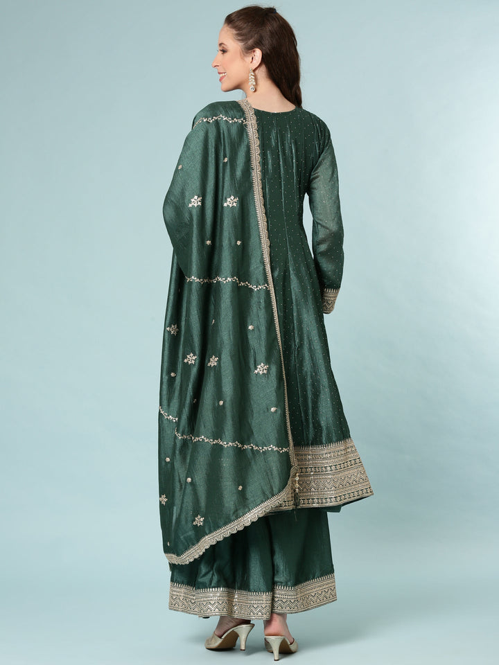 Neerus Green silk Anarkali suit set - side view