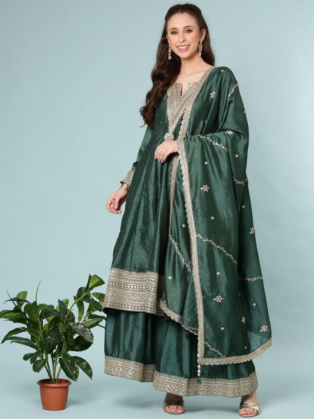 Neerus Green silk Anarkali suit set - detail view 2