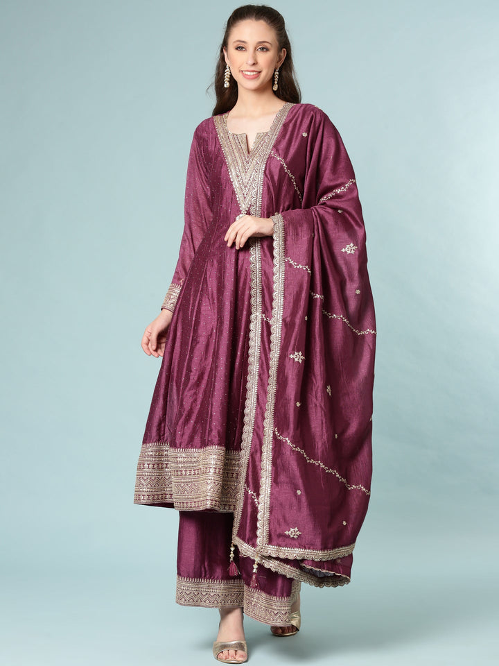 Neerus Maroon silk anarkali suit set - front view