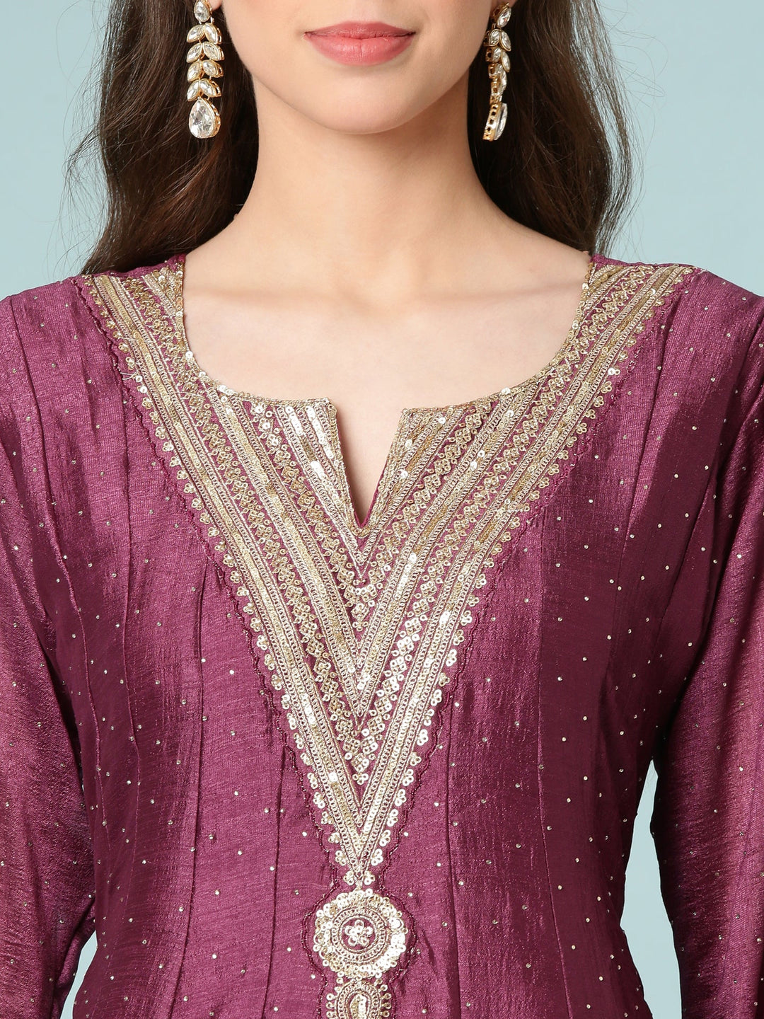 Neerus Maroon silk anarkali suit set - detail view 1