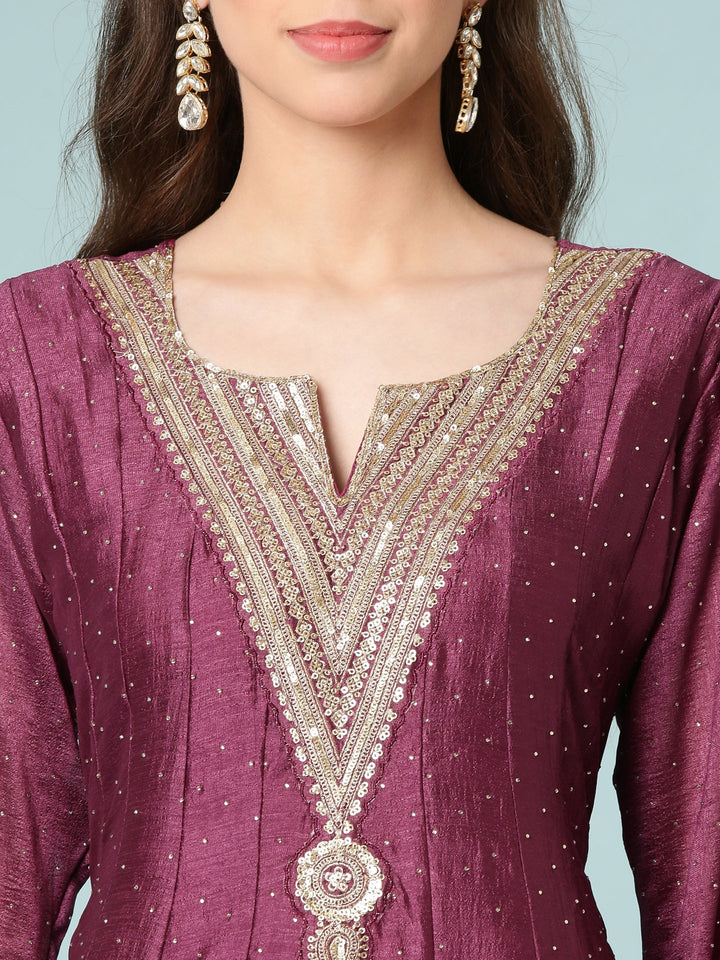 Neerus Maroon silk anarkali suit set - detail view 1
