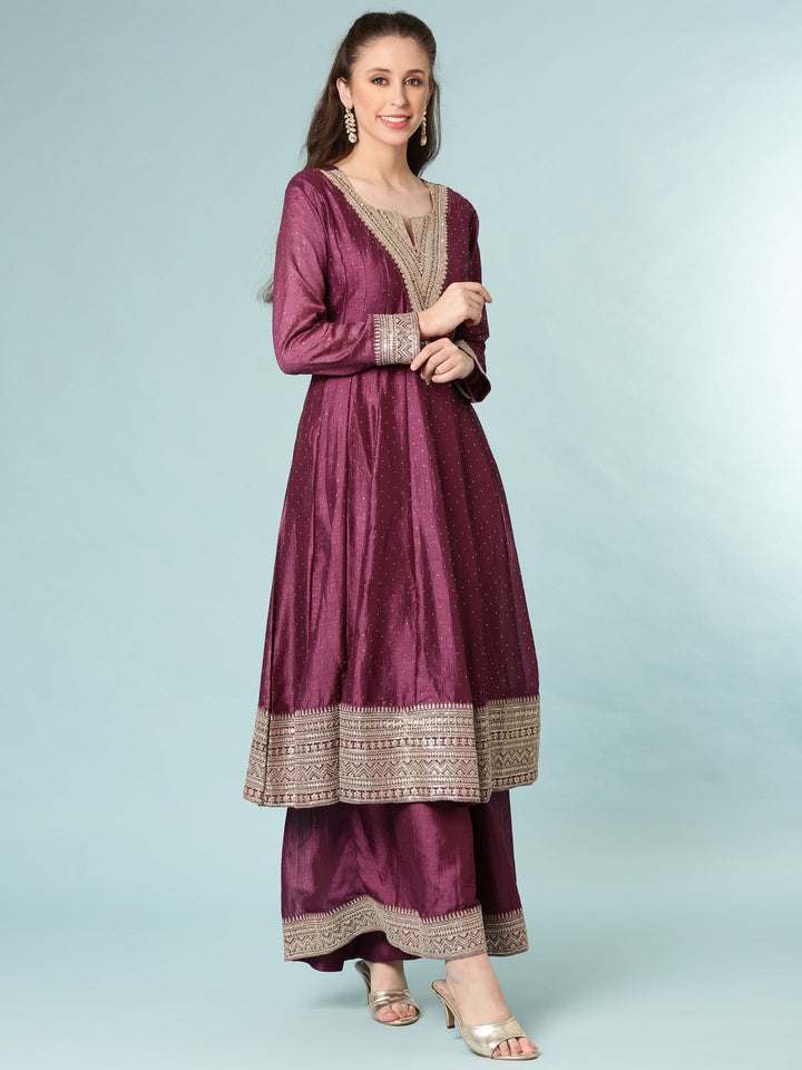 Neerus Maroon silk anarkali suit set - back view
