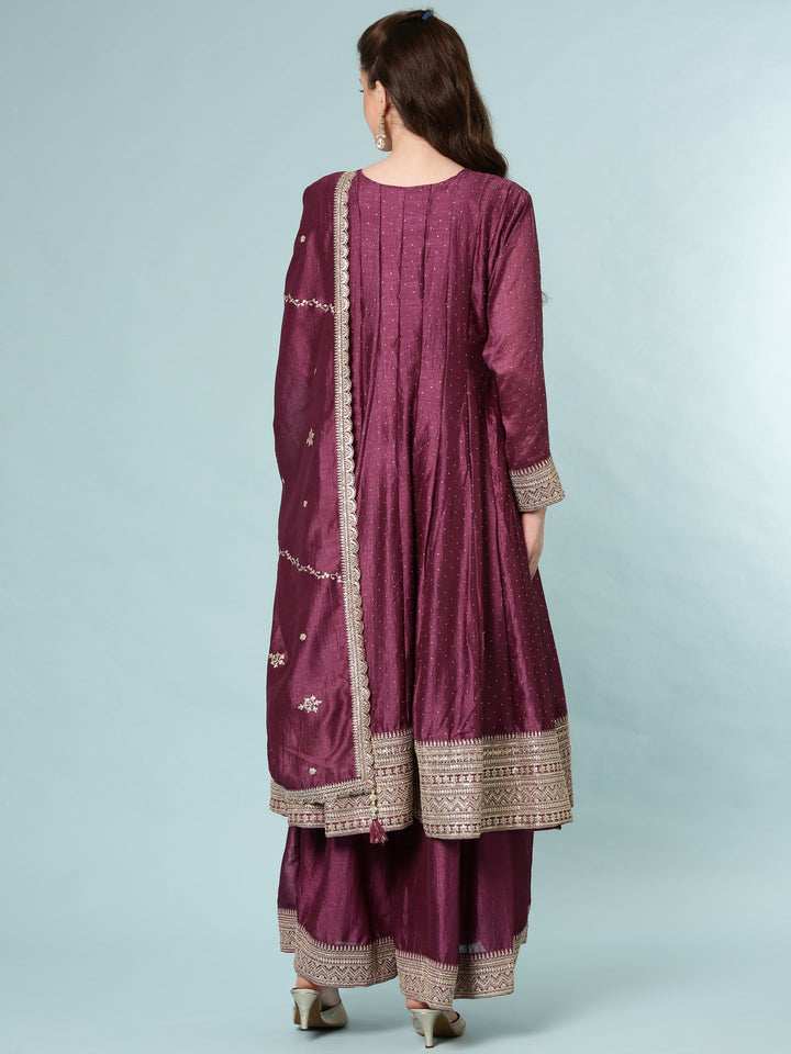 Neerus Maroon silk anarkali suit set - side view