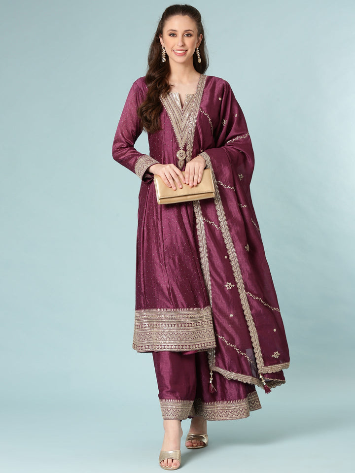 Neerus Maroon silk anarkali suit set - detail view 2