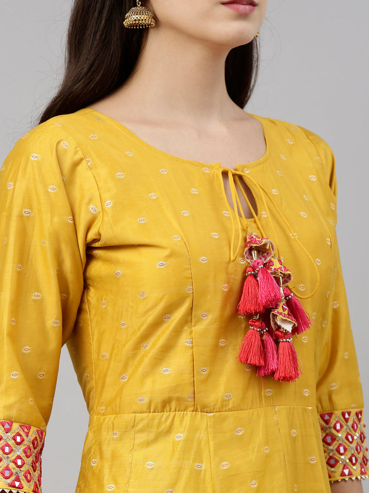 Neerus Yellow Chanderi Embroidered Anarkali Suit Set - detail view 1