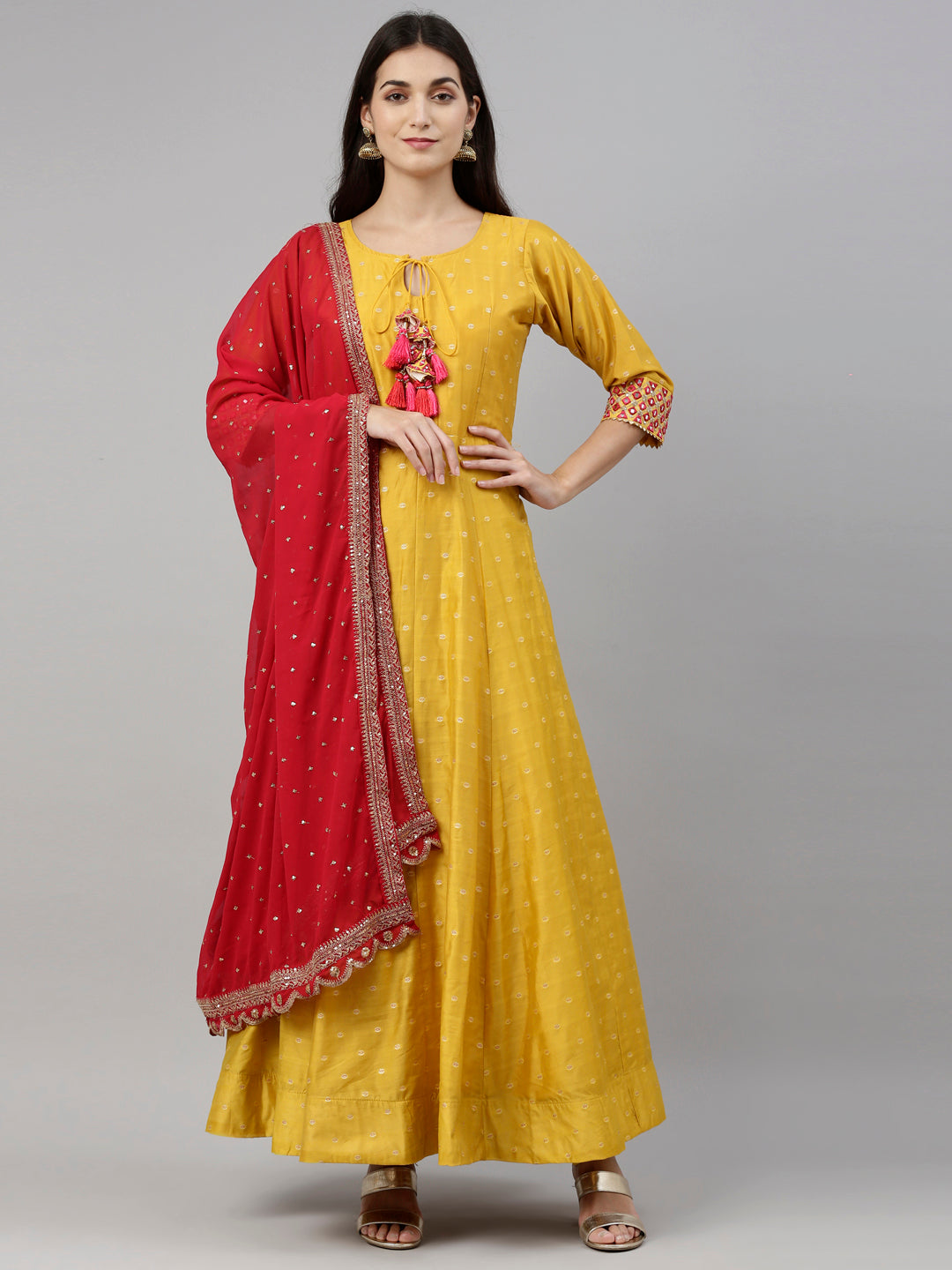 Neerus Yellow Chanderi Embroidered Anarkali Suit Set - detail view 9
