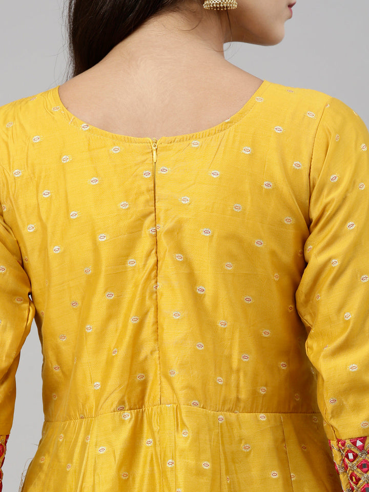 Neerus Yellow Chanderi Embroidered Anarkali Suit Set - detail view 2