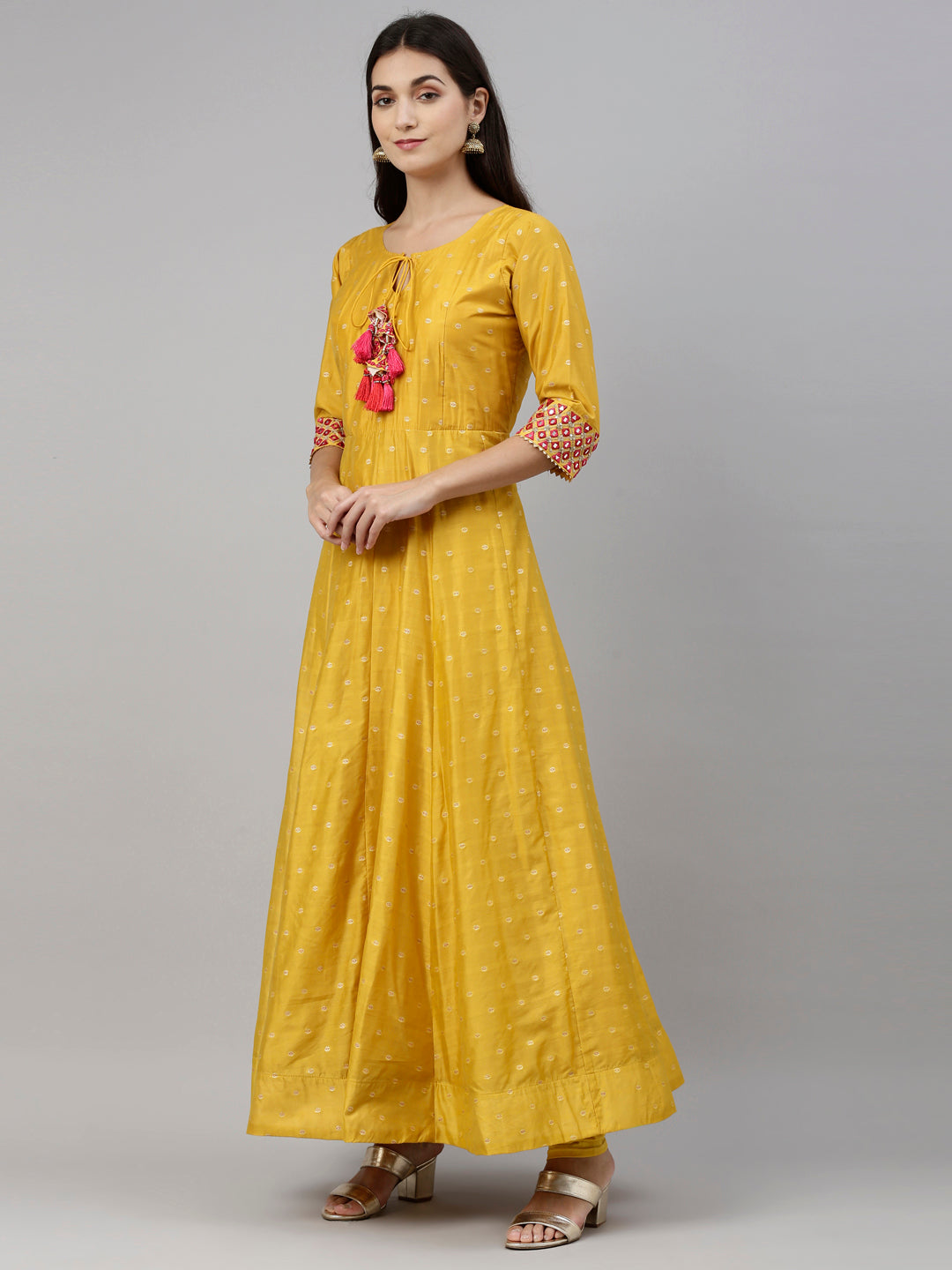 Neerus Yellow Chanderi Embroidered Anarkali Suit Set - detail view 5