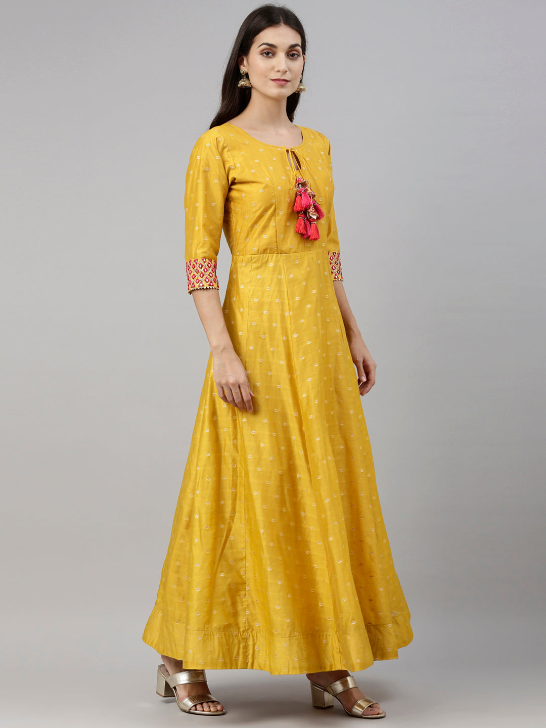 Neerus Yellow Chanderi Embroidered Anarkali Suit Set - detail view 6