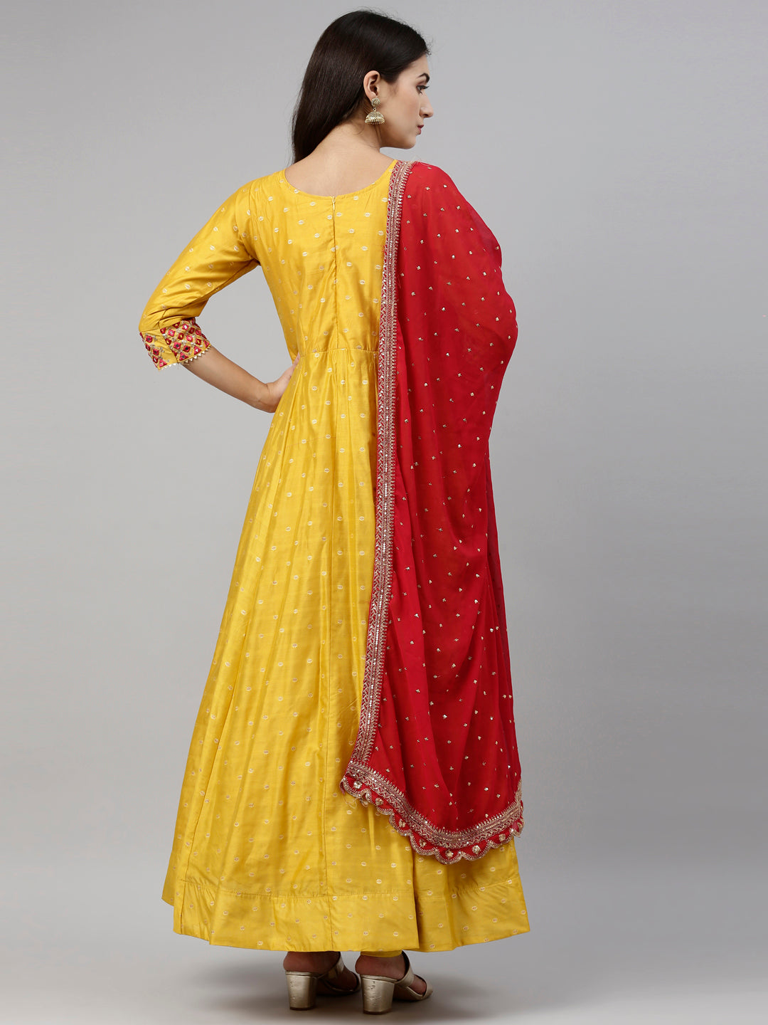 Neerus Yellow Chanderi Embroidered Anarkali Suit Set - detail view 7