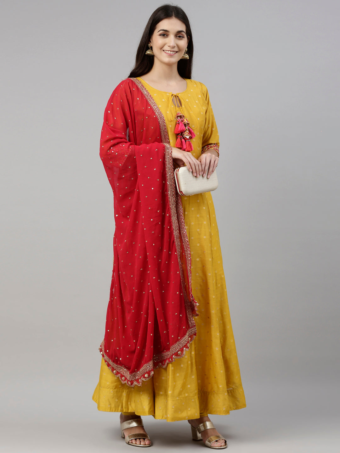 Neerus Yellow Chanderi Embroidered Anarkali Suit Set - front view