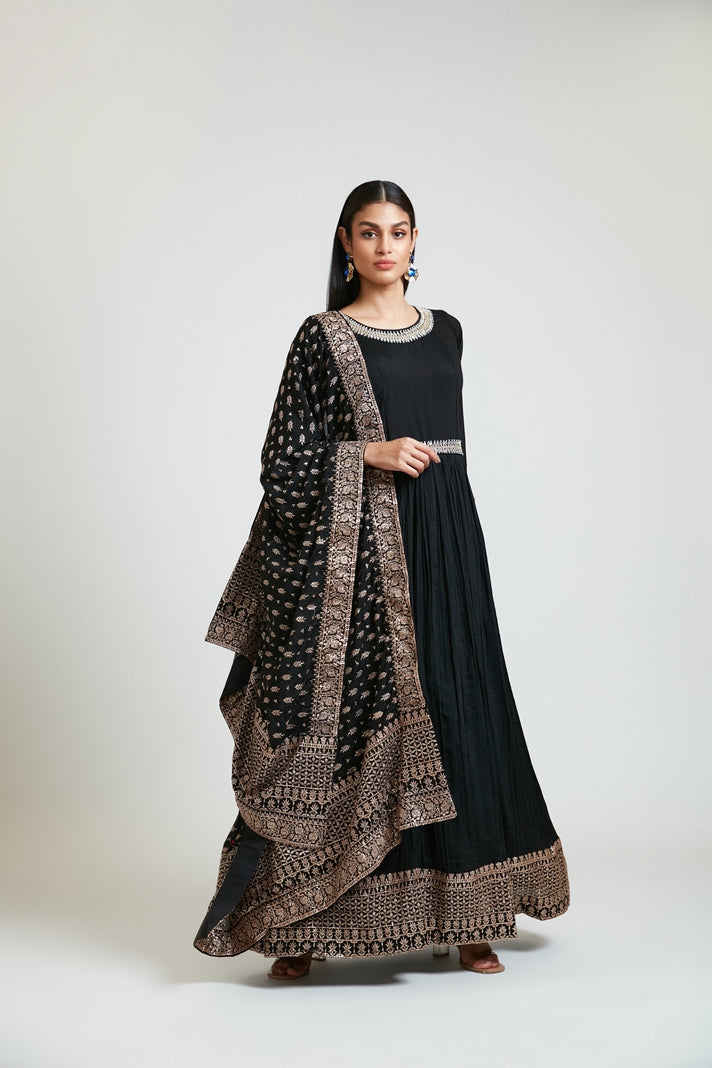 Neerus Black silk solid A-line dress - front view