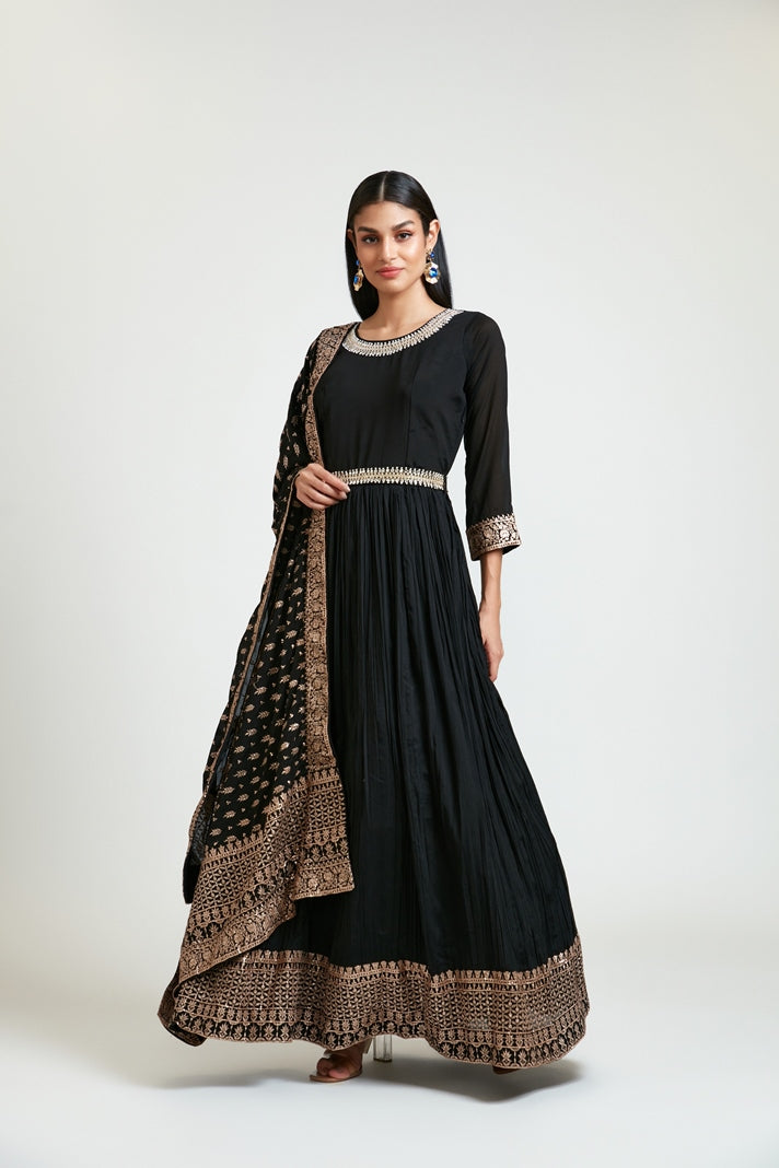 Neerus Black silk solid A-line dress - back view