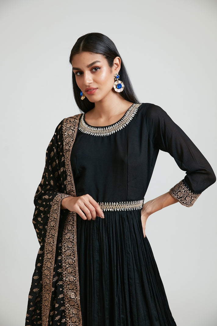 Neerus Black silk solid A-line dress - side view