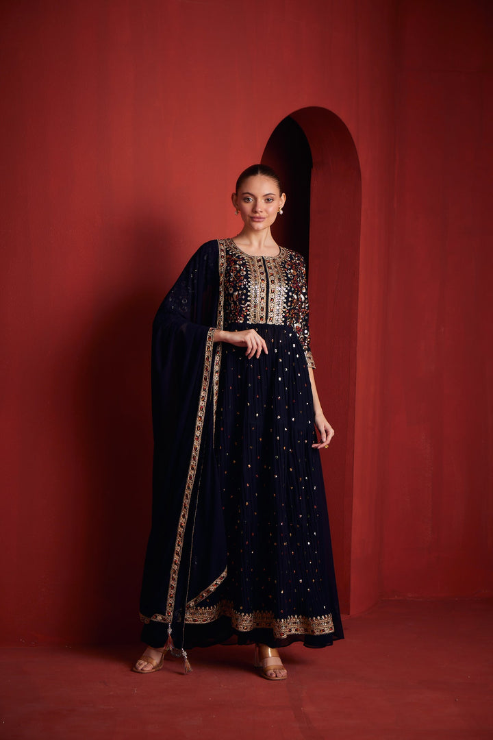 Neerus Black georgette embroidered suit set - front view