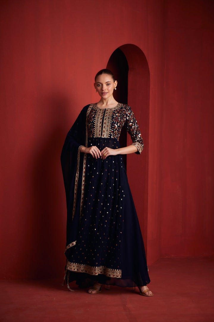Neerus Black georgette embroidered suit set - back view