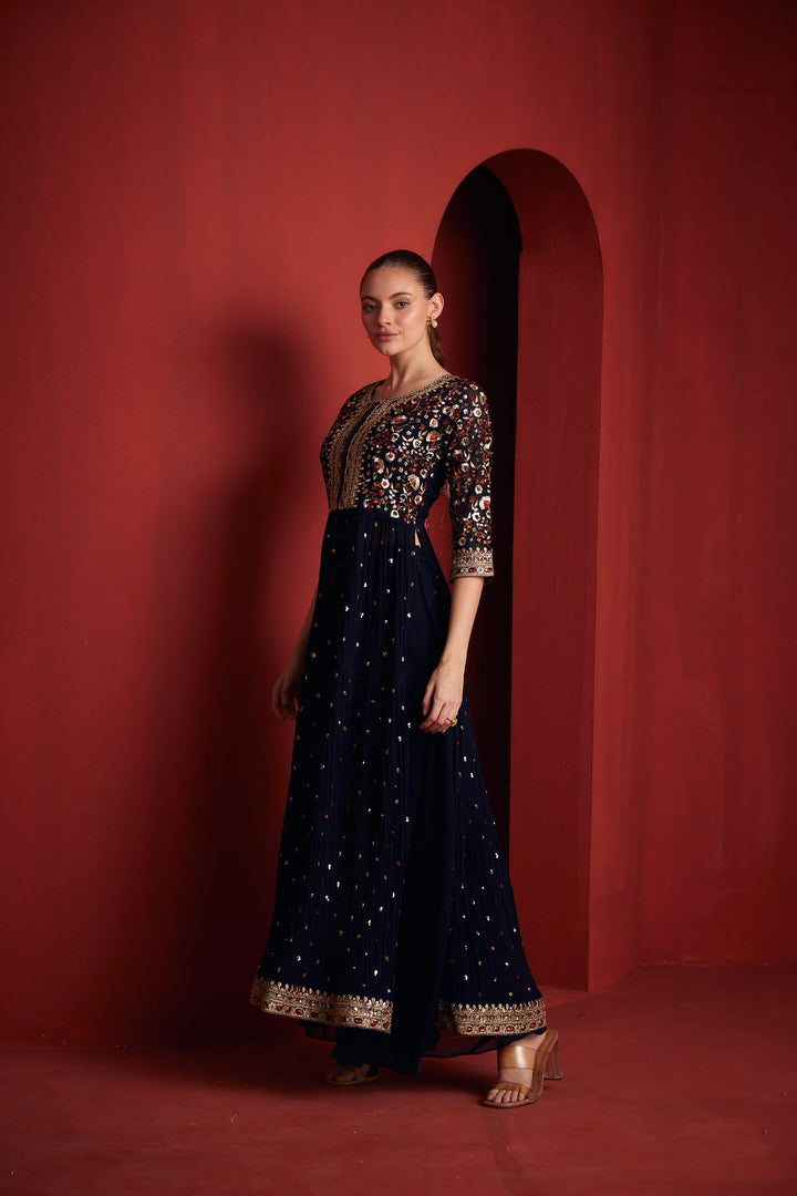 Neerus Black georgette embroidered suit set - side view