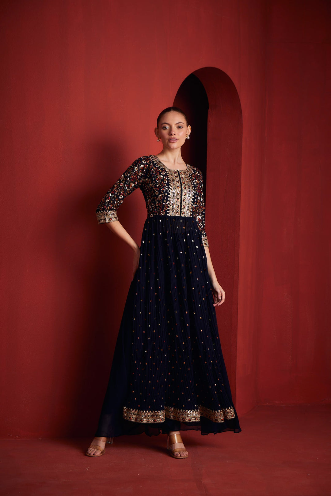 Neerus Black georgette embroidered suit set - detail view 1